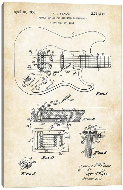 Fender Stratocaster Guitar (1956) Canvas Art Print - 3-Piece Vintage Art