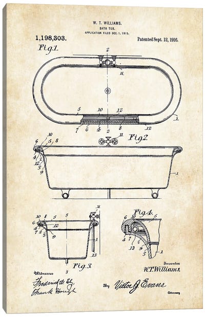 Antique Bath Tub (1916) Canvas Art Print - Patent77