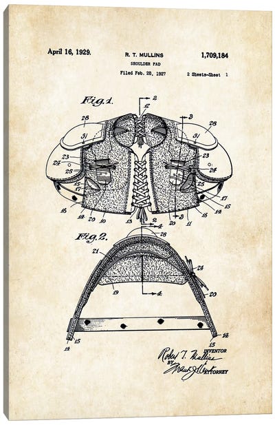 Football Shoulder Pads Canvas Art Print - Patent77