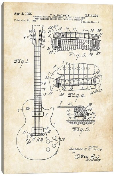 Gibson Les Paul Guitar (1955) Canvas Art Print - Blueprints & Patent Sketches