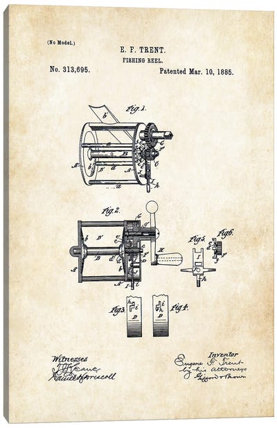 Antique Fishing Reel Canvas Art Print - Patent77