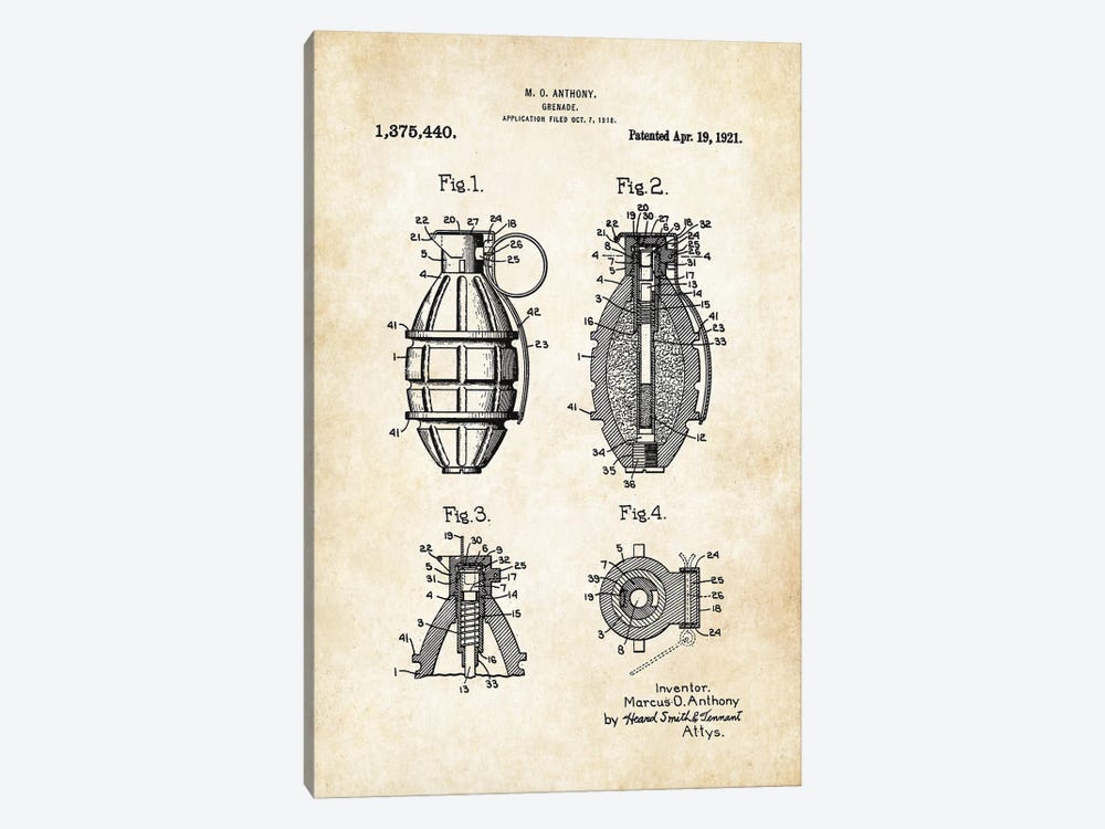 Hand Grenade by Patent77 1-piece Canvas Art Print