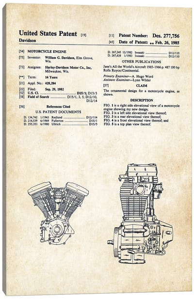 Harley Davidson Evolution Engine Canvas Art Print - Motorcycle Blueprints