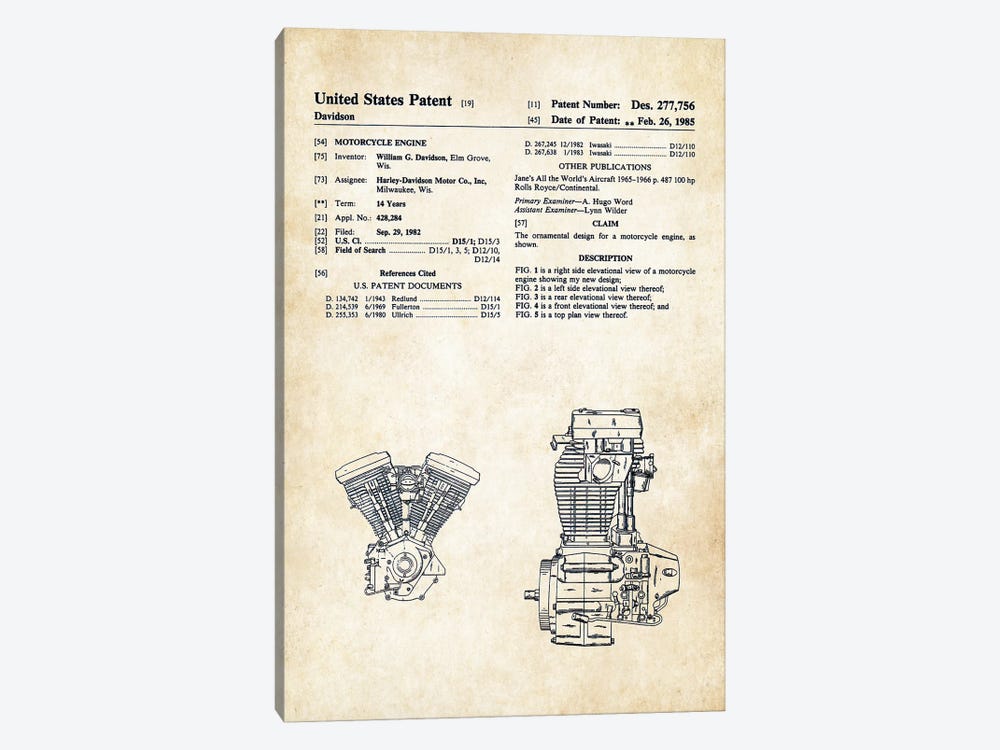 Harley Davidson Evolution Engine by Patent77 1-piece Canvas Art