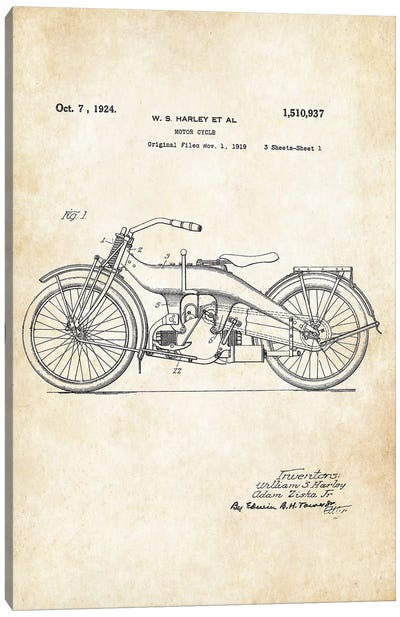 Harley Davidson Motorcycle (1924) Canvas Art Print - Patent77