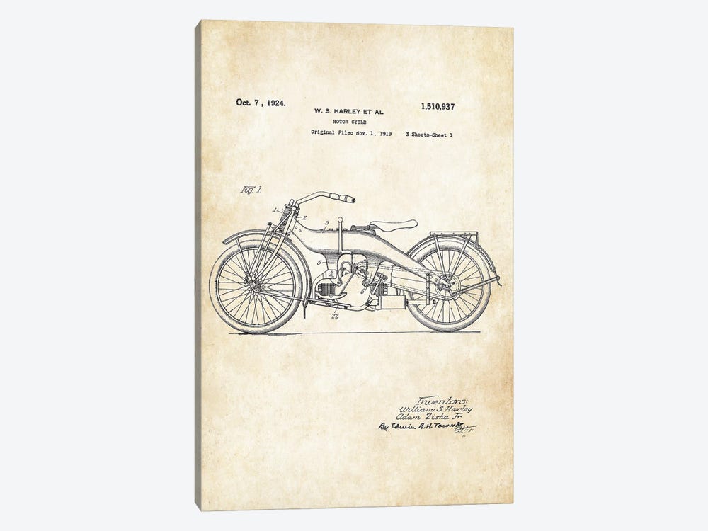 Harley Davidson Motorcycle (1924) by Patent77 1-piece Canvas Art Print