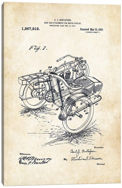 Harley Davidson Motorcycle Sidecar (1918) Canvas Art Print - Motorcycle Blueprints