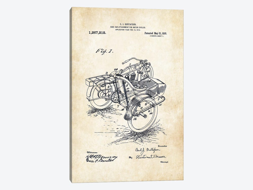 Harley Davidson Motorcycle Sidecar (1918) 1-piece Canvas Art
