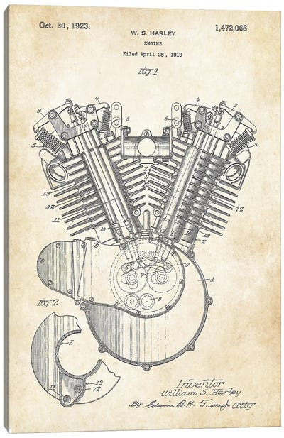 Harley Davidson V Twin Engine Canvas Art Print - Patent77