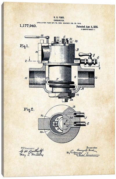 Henry Ford Carbureter Canvas Art Print - Automobile Blueprints