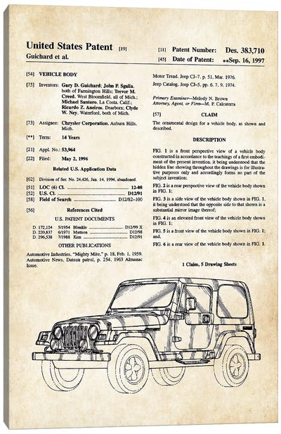 Jeep Wrangler Canvas Art Print - Blueprints & Patent Sketches