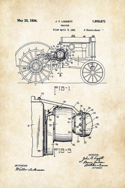 John Deere Tractor (1934) by Patent77 metal wall art