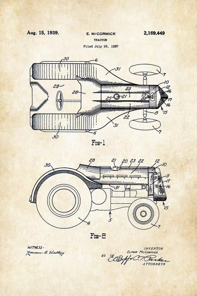 John Deere Tractor (1939) by Patent77 metal wall art