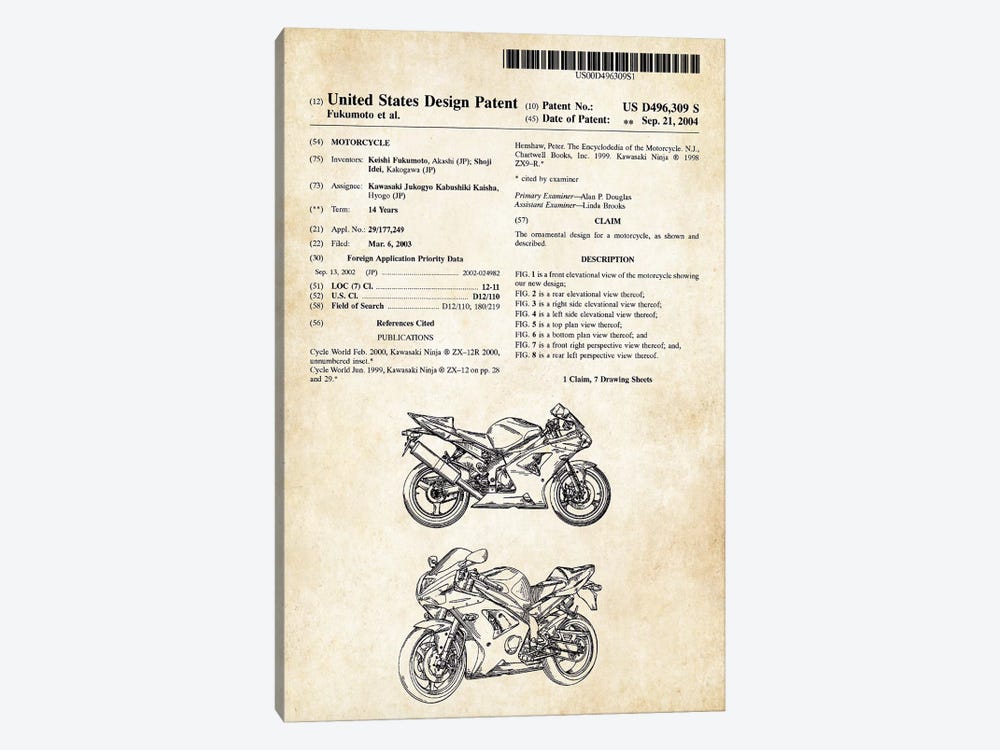 Kawasaki Ninja Motorcycle by Patent77 1-piece Canvas Artwork