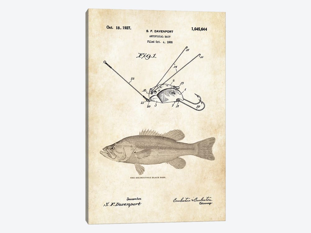 Largemouth Bass Fishing Lure by Patent77 1-piece Canvas Art Print