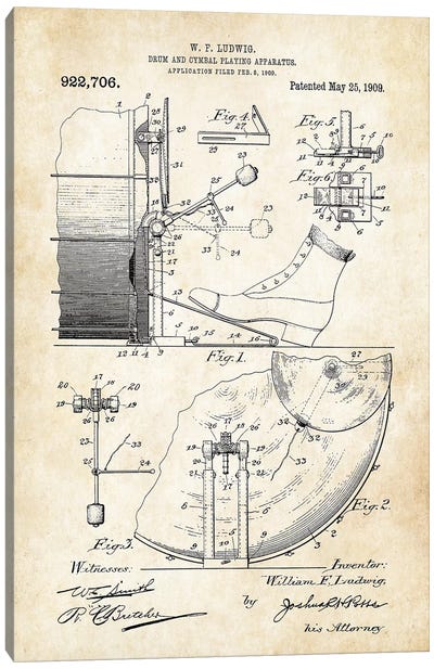 Ludwig Drym and Cymbal Canvas Art Print - Patent77