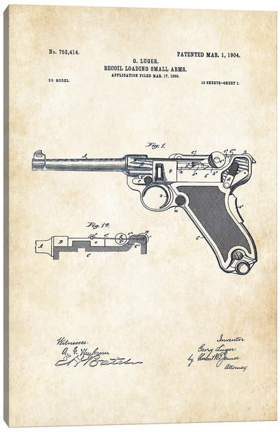 Luger P 08 Pistol Canvas Art Print - Weapons & Artillery Art