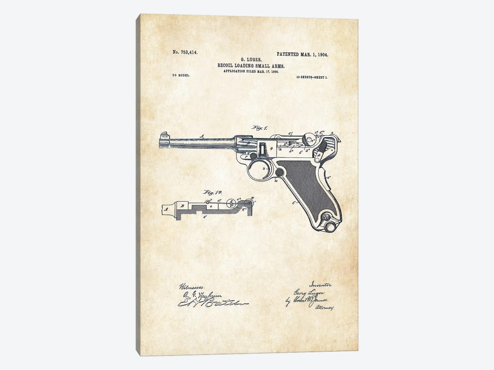 Luger P 08 Pistol by Patent77 1-piece Canvas Artwork