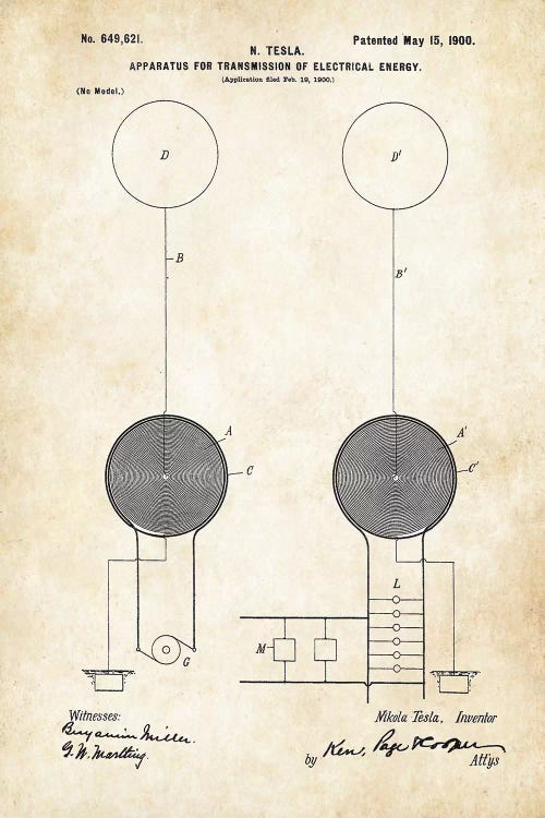Nikola Tesla Coil (1900) by Patent77 wall art