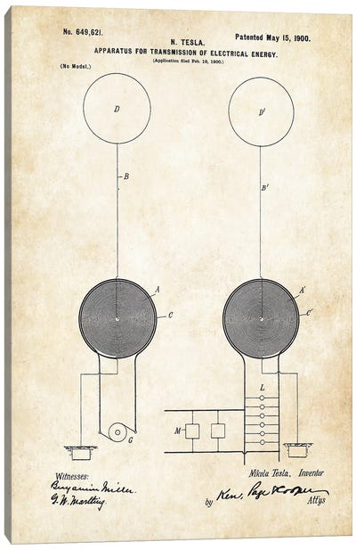 Nikola Tesla Coil (1900) Canvas Art Print - Electronics & Communication Blueprints