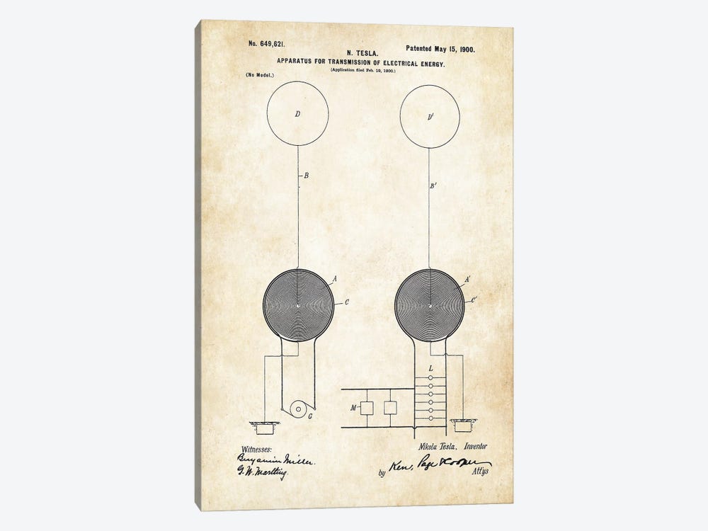 Nikola Tesla Coil (1900) by Patent77 1-piece Canvas Print