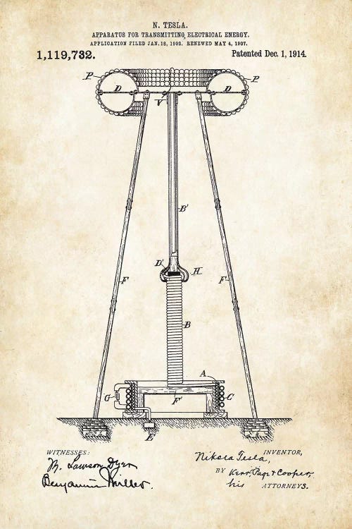 Nikola Tesla Electrical Tower by Patent77 wall art