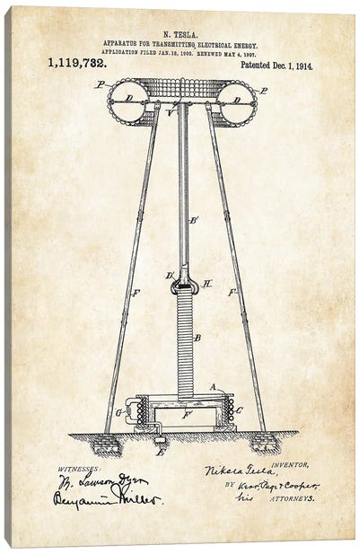 Nikola Tesla Electrical Tower Canvas Art Print - Electronics & Communication Blueprints
