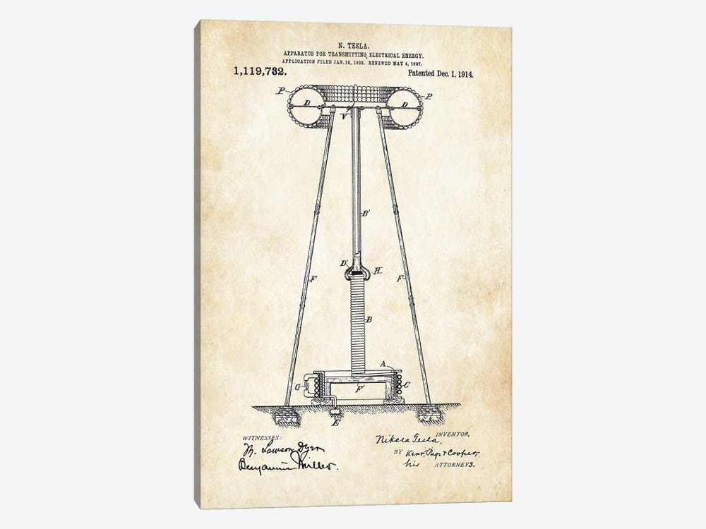 Nikola Tesla Electrical Tower by Patent77 1-piece Canvas Wall Art