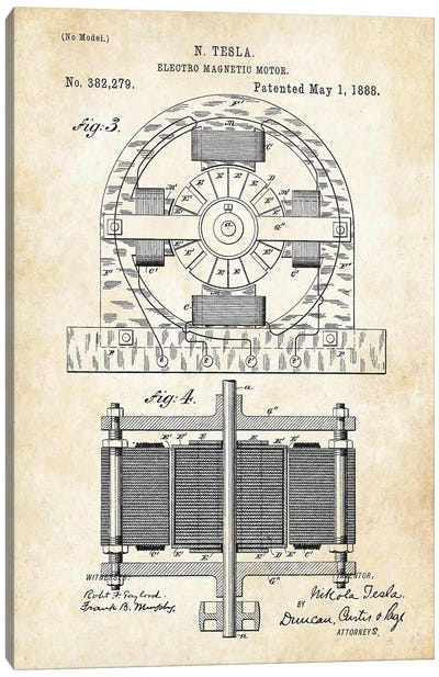 Nikola Tesla Electromagnetic Motor Canvas Art Print - Electronics & Communication Blueprints