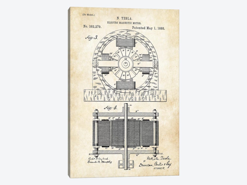 Nikola Tesla Electromagnetic Motor by Patent77 1-piece Canvas Print