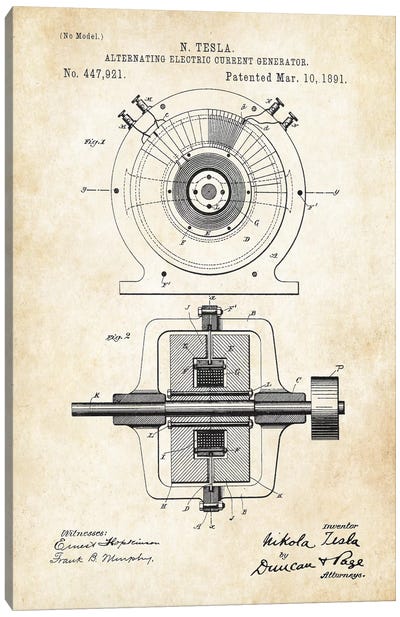 Nikola Tesla Generator Canvas Art Print - Electronics & Communication Blueprints