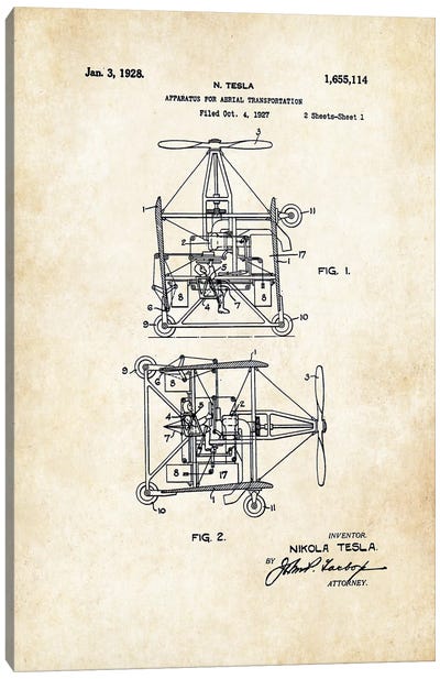 Nikola Tesla Helicopter Canvas Art Print - Aviation Blueprints