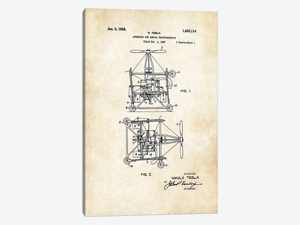 Nikola Tesla Helicopter by Patent77 1-piece Canvas Print