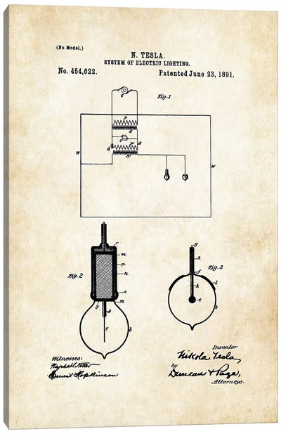 Nikola Tesla Light Bulb Canvas Art Print - Patent77