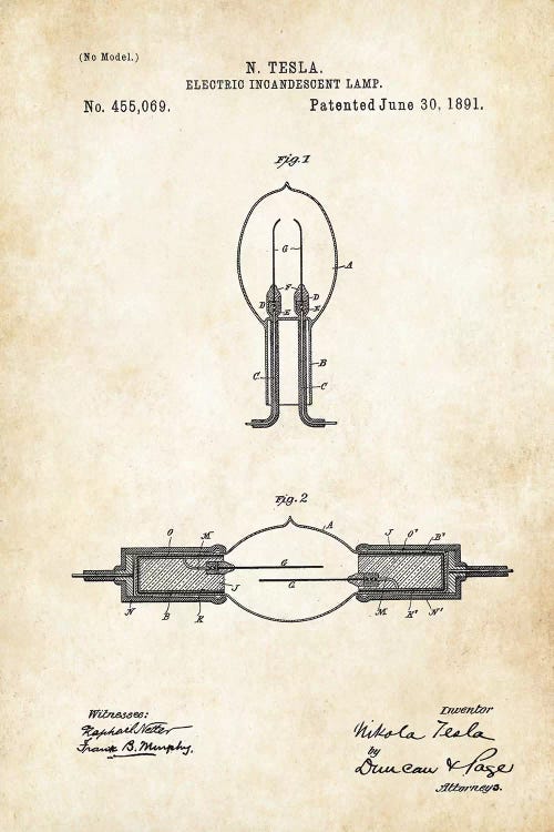 Nikola Tesla Light Bulb by Patent77 wall art