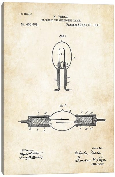 Nikola Tesla Light Bulb Canvas Art Print - Electronics & Communication Blueprints