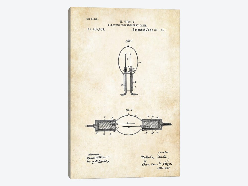 Nikola Tesla Light Bulb by Patent77 1-piece Canvas Print