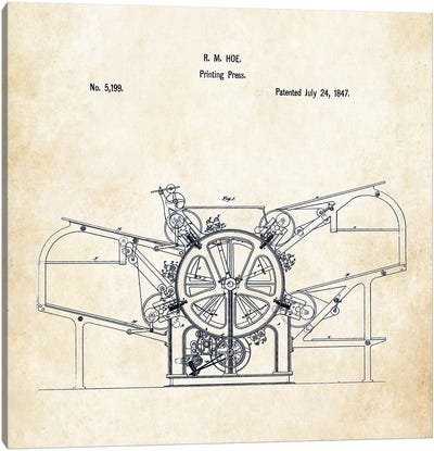 1847 Printing Press Canvas Art Print - Engineering & Machinery Blueprints