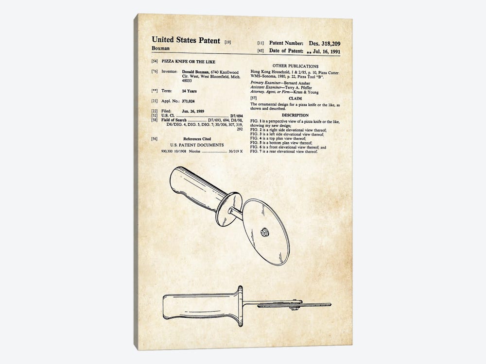 Pizza Cutter by Patent77 1-piece Canvas Wall Art