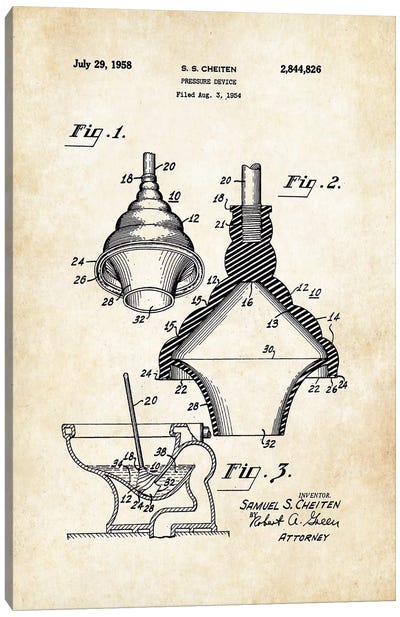 Plumber Toilet Plunger Canvas Art Print - Blueprints & Patent Sketches