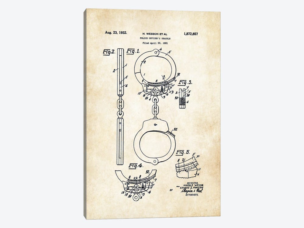 Police Handcuffs (1931) by Patent77 1-piece Canvas Art