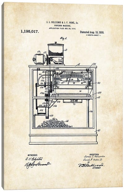 Popcorn Machine Canvas Art Print - Patent77