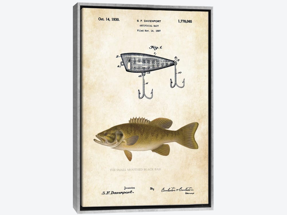 Framed Canvas Art - Smallmouth Bass Fishing Lure by Patent77 ( Animals > Sea Life > Fish > Bass art) - 26x18 in