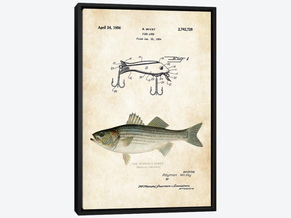 Framed Canvas Art - Striped Bass Fishing Lure by Patent77 ( Animals > Sea Life > Fish > Bass art) - 26x18 in