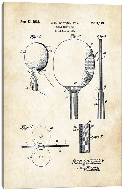 Table Tennis Paddle Canvas Art Print - Patent77