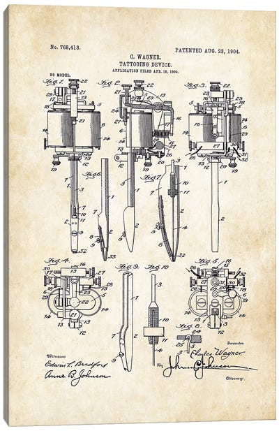 Tattoo Machine (Charlie Wagner) Canvas Art Print - Medical & Dental Blueprints