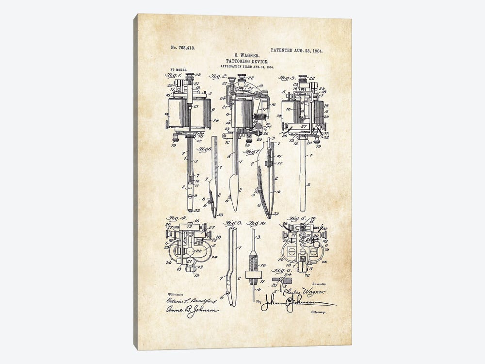 Tattoo Machine (Charlie Wagner) by Patent77 1-piece Canvas Artwork