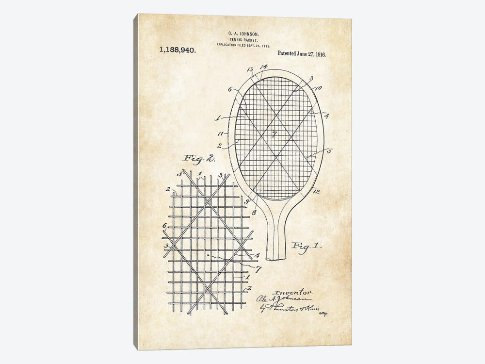 Tennis Racket by Patent77 1-piece Canvas Artwork