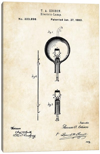 Thomas Edison Lamp Canvas Art Print - Electronics & Communication Blueprints