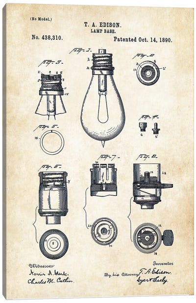 Thomas Edison Lamp Canvas Art Print - Patent77